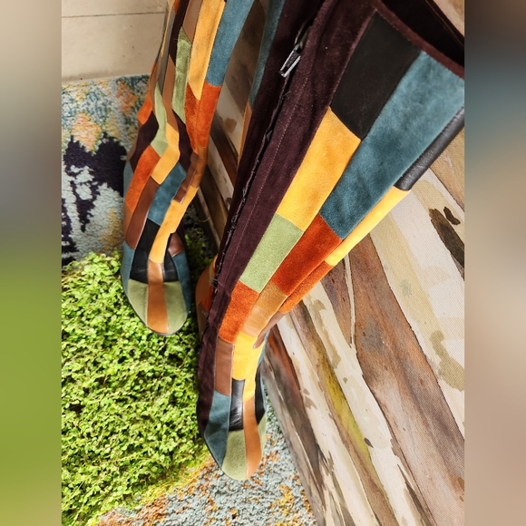 ANNA SUI RARE Patchwork  Leather Olive Brown Rust Teal Zip Heels Boots 40 - Picture 12 of 16